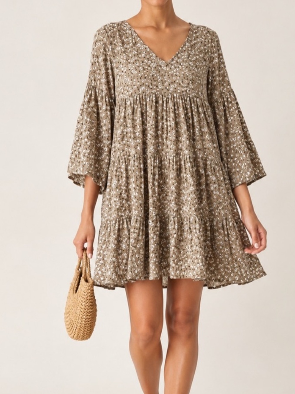Natural Life Mimi Brown Floral Tiered Mini Dress V-Neck Bell Sleeve Boho Medium